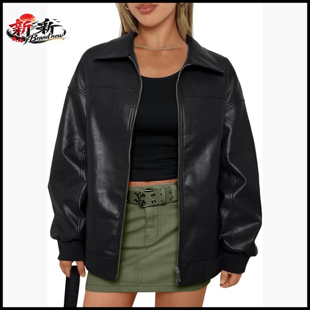 Oversized Faux Leather Bomber Jacket Zip Up Coat Trendy Winter